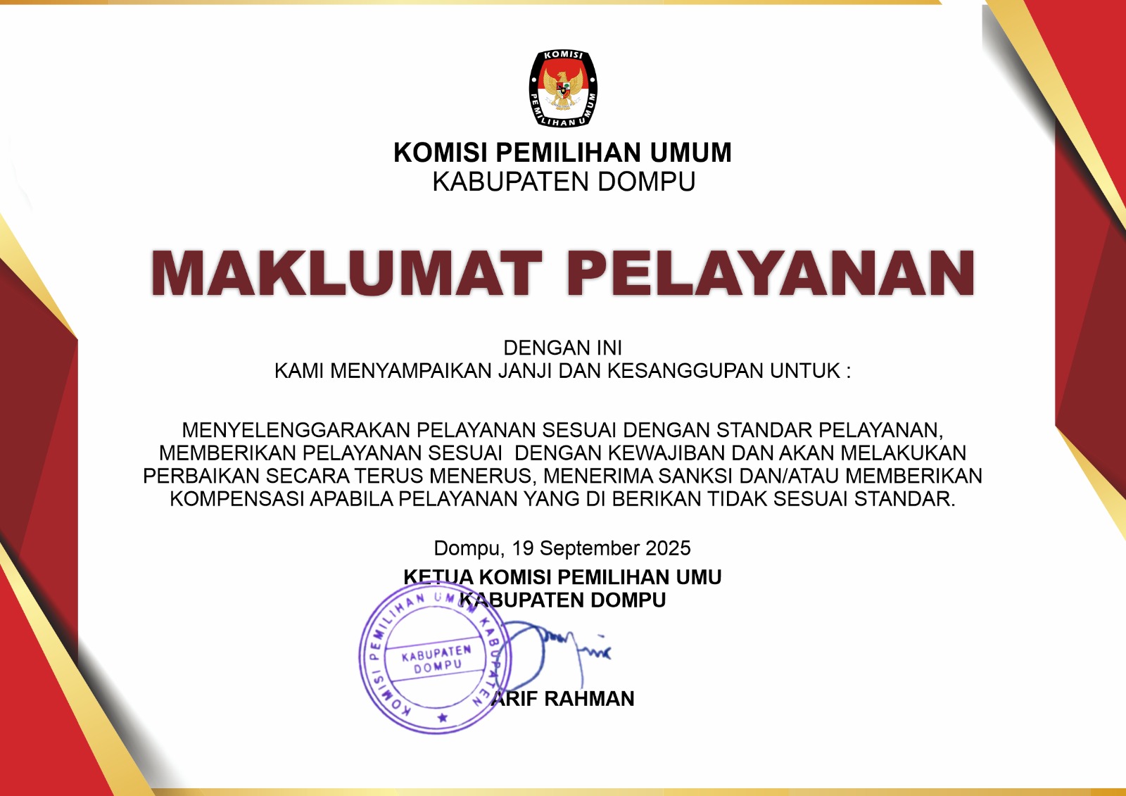 MAKLUMAT PELAYANAN KPU KABUPATEN DOMPU